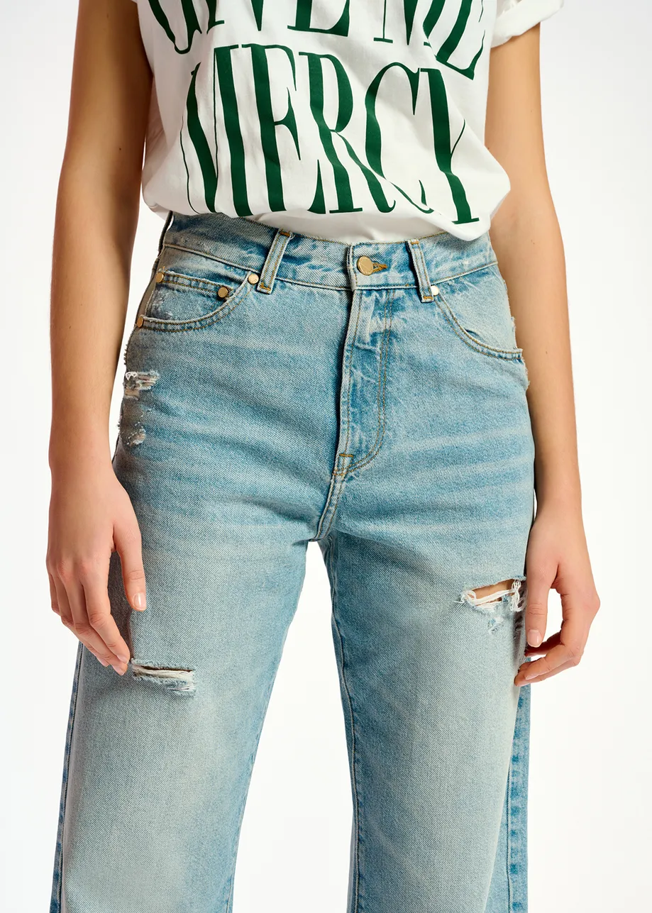Distressed blue boyfriend jeans