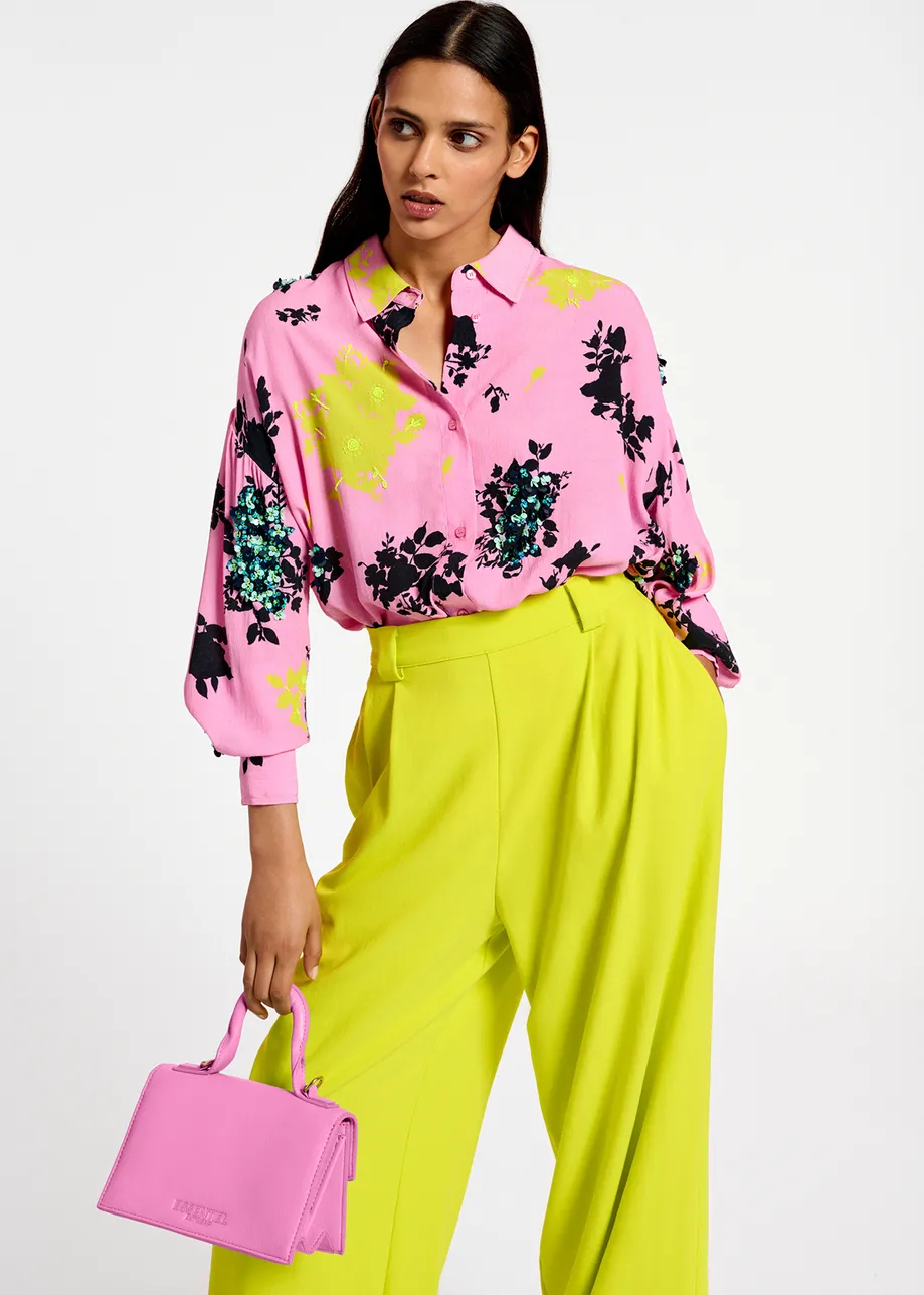Pink, black and yellow floral print shirt