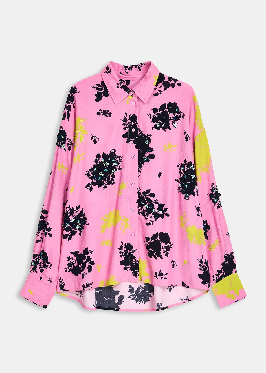 Pink, black and yellow floral print shirt