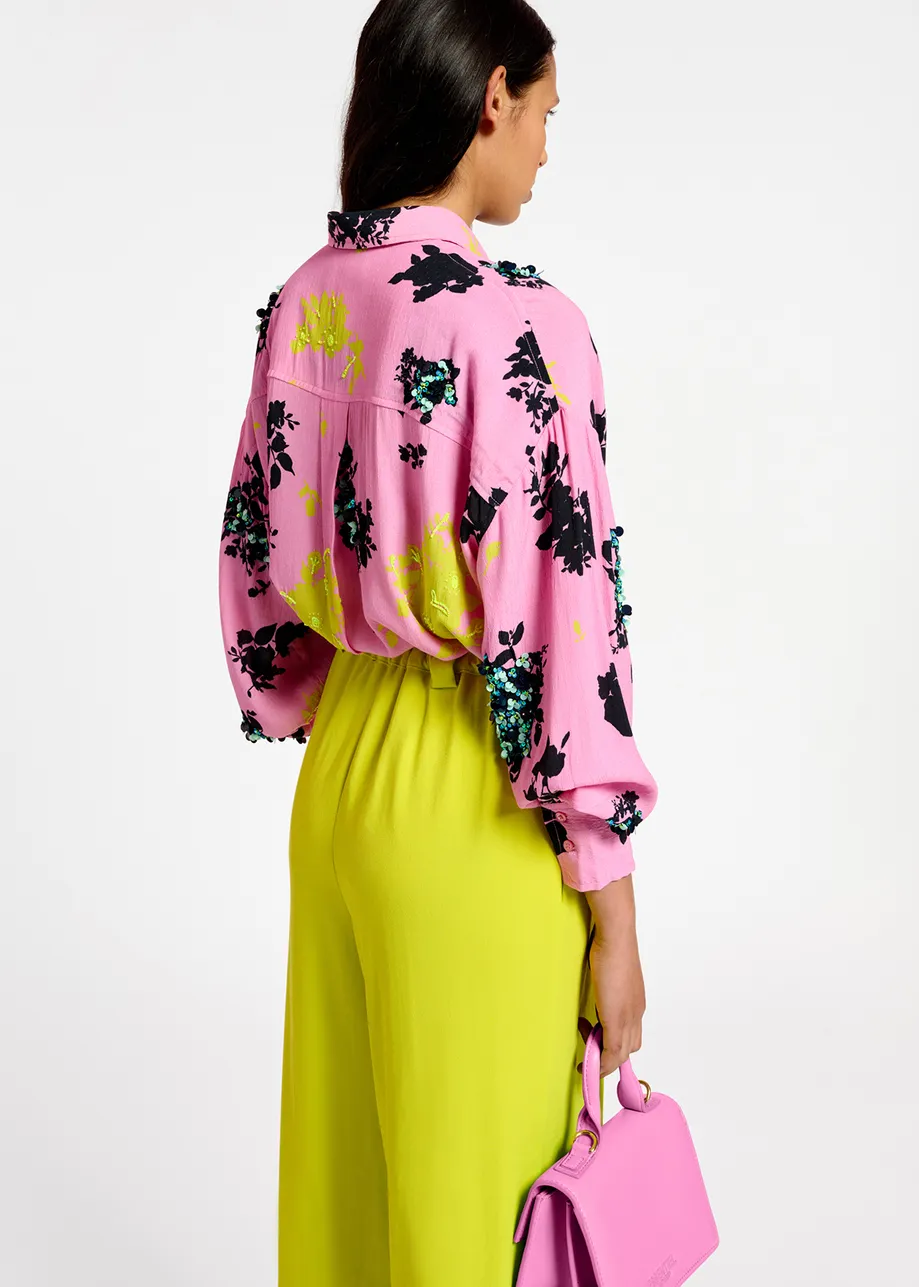 Chemise à imprimé fleuri rose, noir et jaune