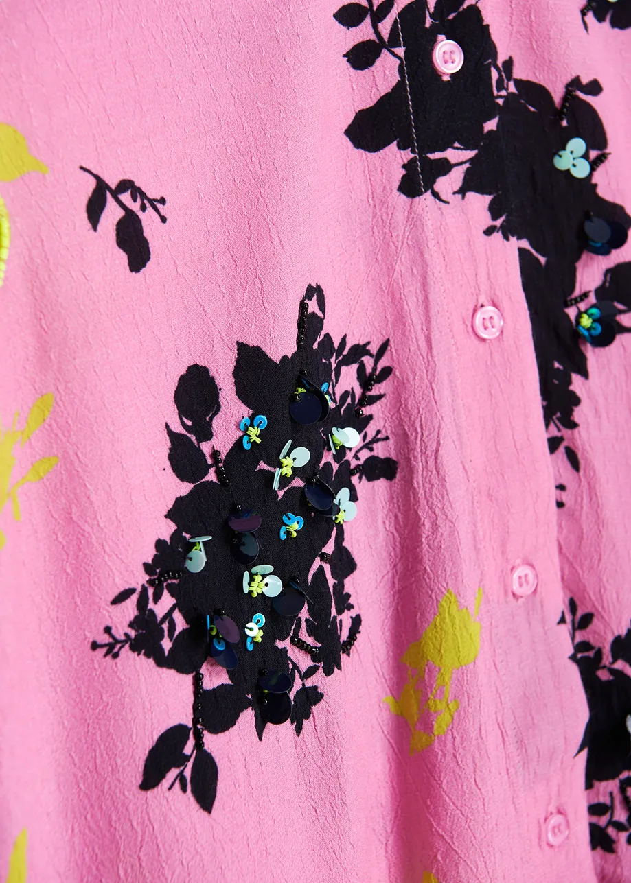 Chemise à imprimé fleuri rose, noir et jaune