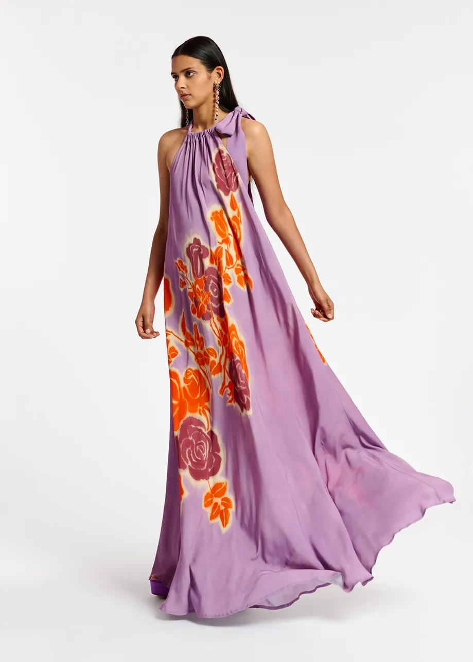 Maxi robe à encolure américaine et imprimé fleuri lilas, orange et pourpre