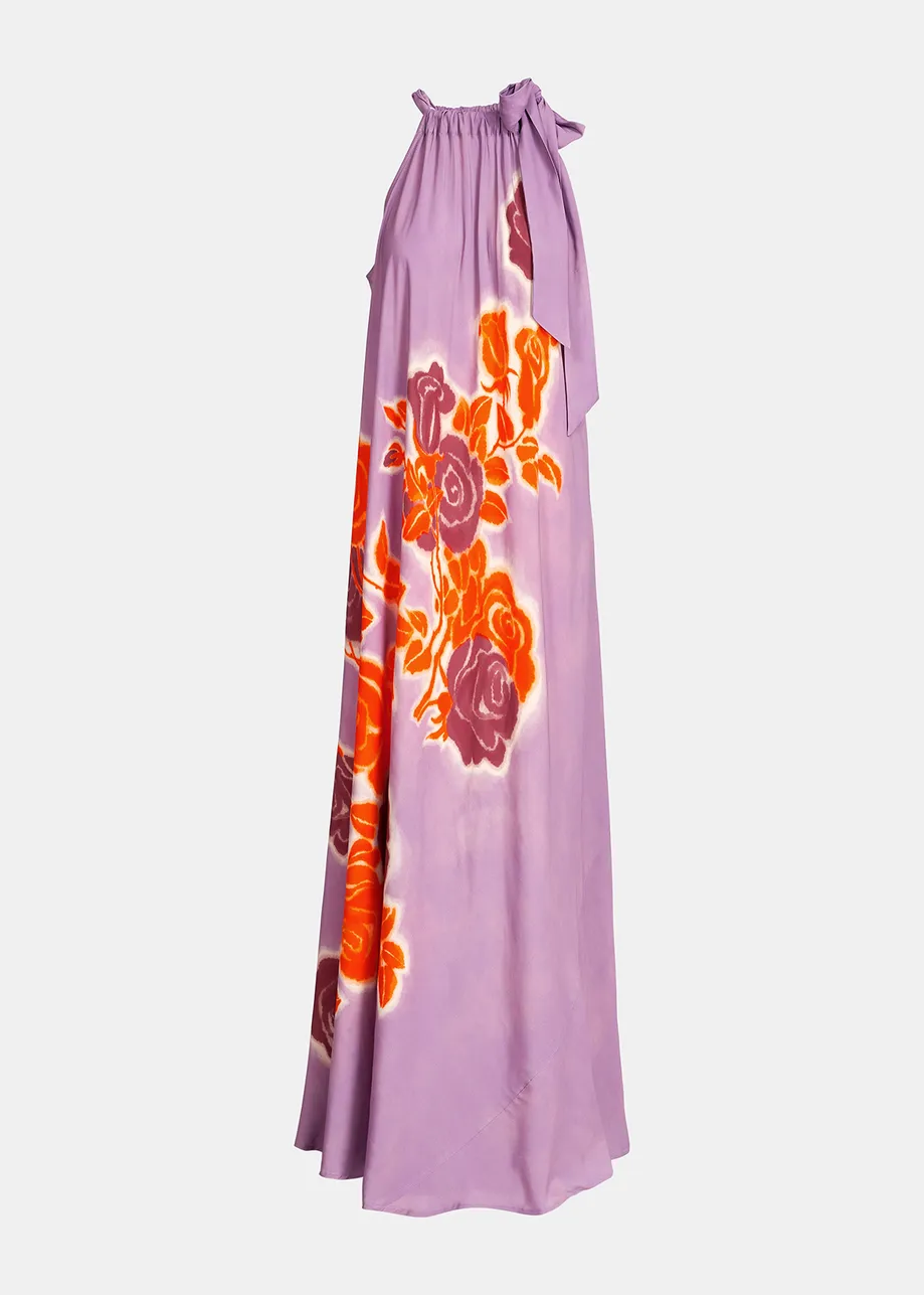 Maxi robe à encolure américaine et imprimé fleuri lilas, orange et pourpre