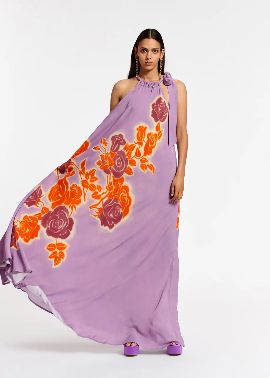 Maxi robe à encolure américaine et imprimé fleuri lilas, orange et pourpre