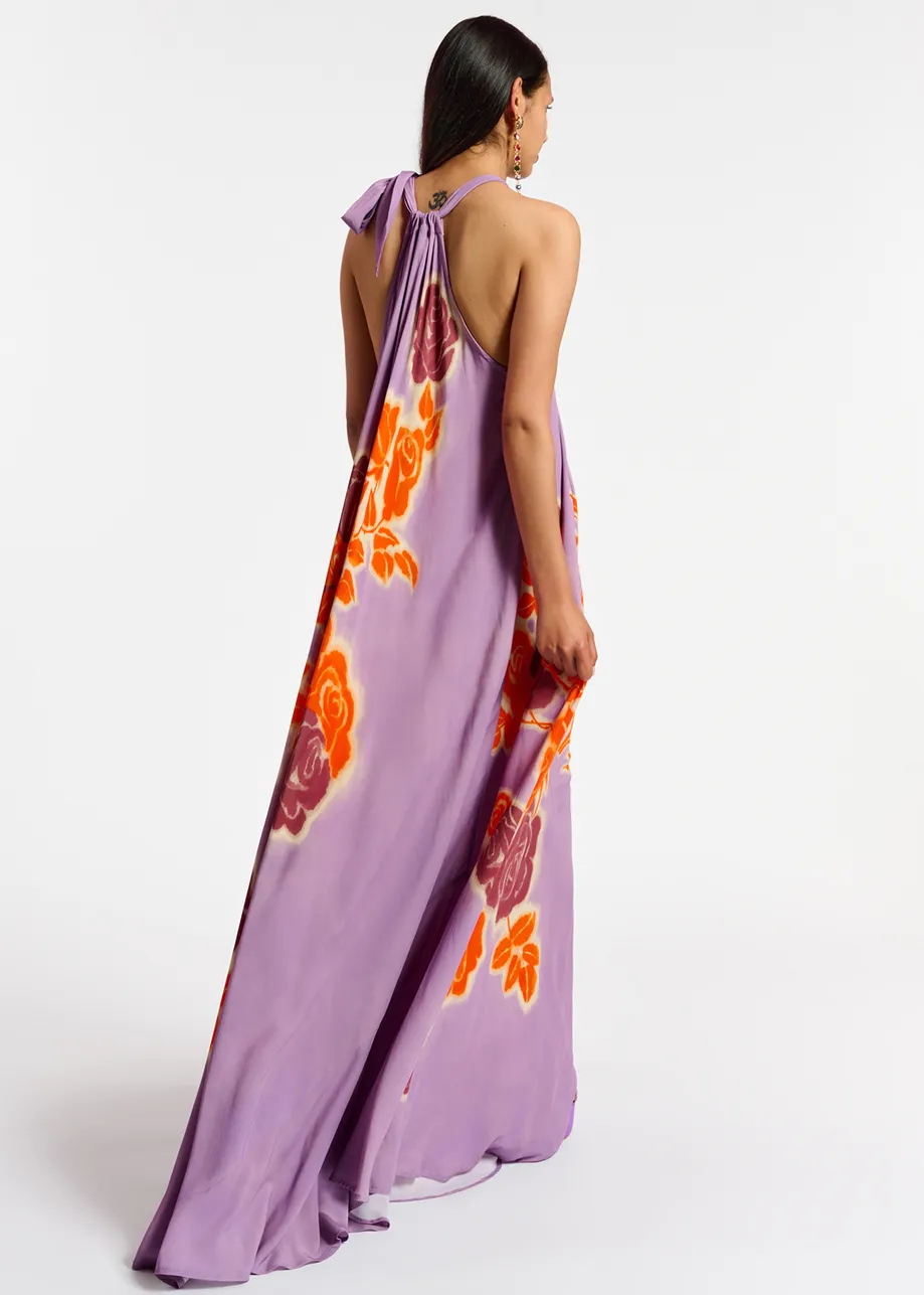 Maxi robe à encolure américaine et imprimé fleuri lilas, orange et pourpre