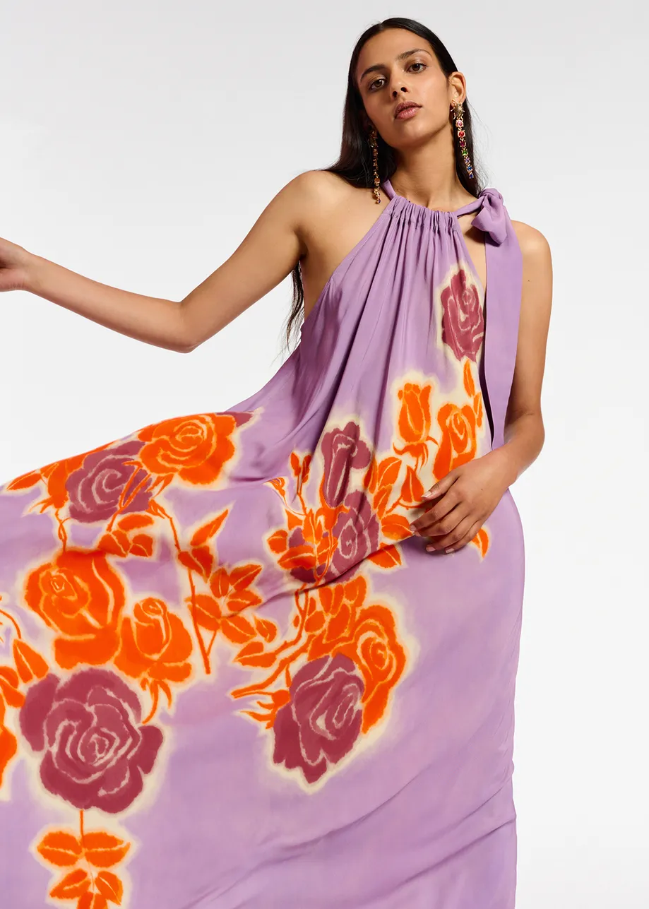Maxi robe à encolure américaine et imprimé fleuri lilas, orange et pourpre