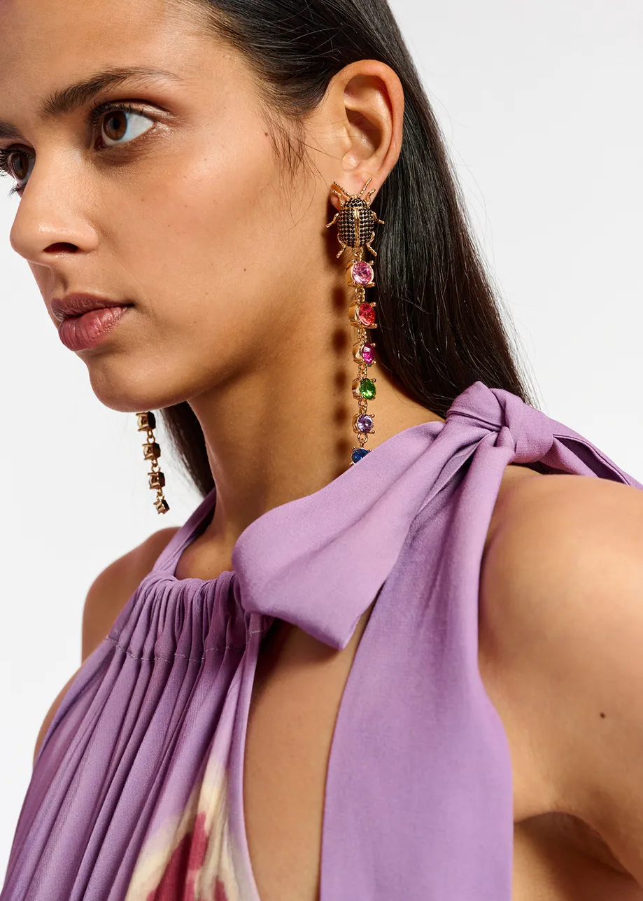 Maxi robe à encolure américaine et imprimé fleuri lilas, orange et pourpre