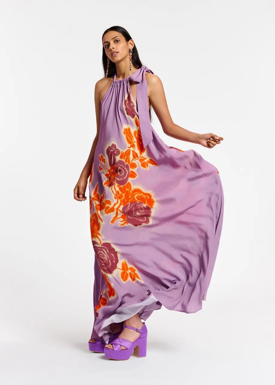 Maxi robe à encolure américaine et imprimé fleuri lilas, orange et pourpre
