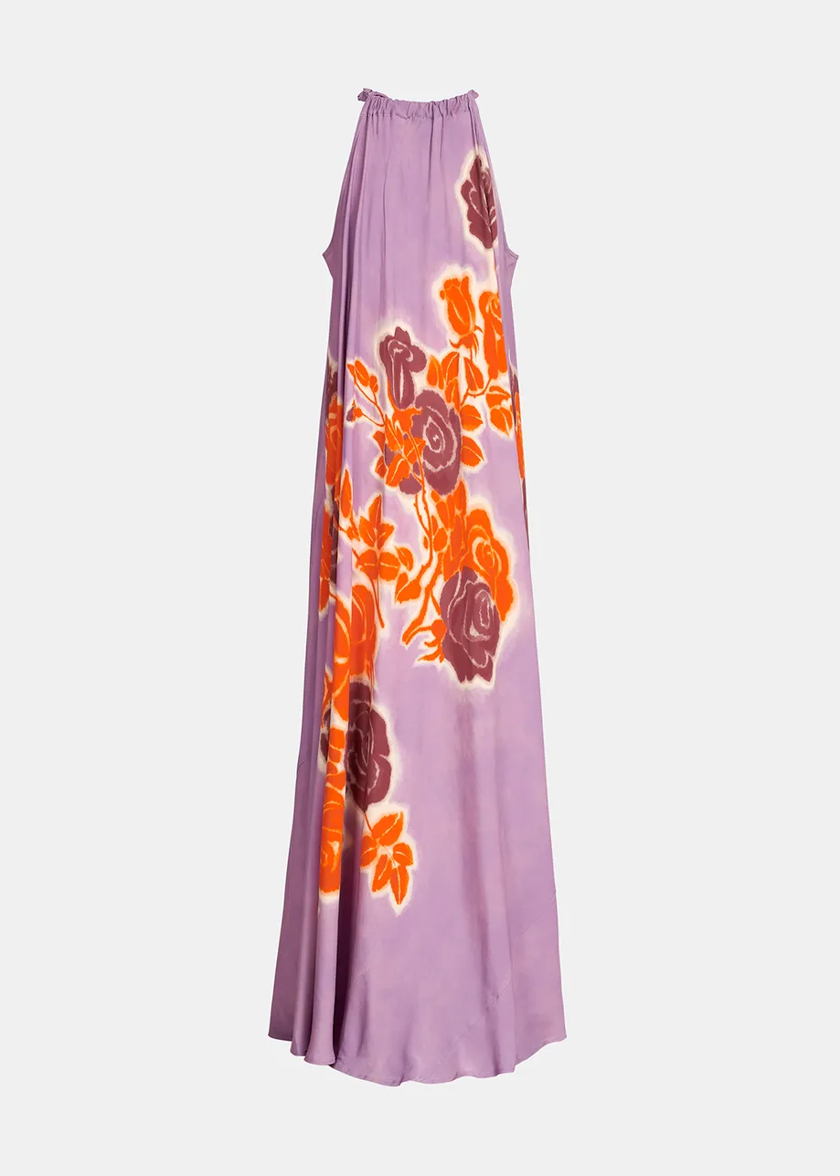 Maxi robe à encolure américaine et imprimé fleuri lilas, orange et pourpre