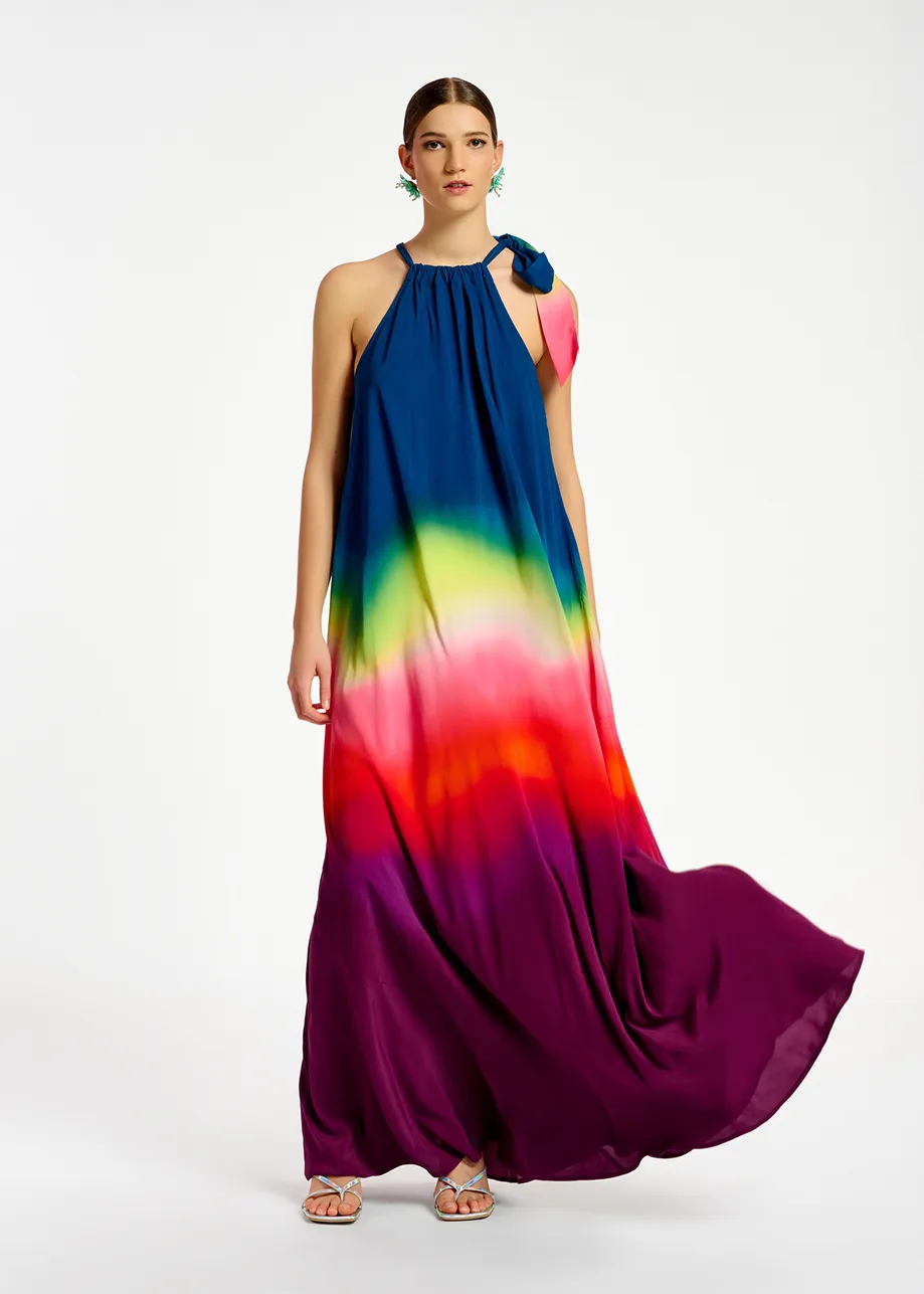 Multicolor halter neck maxi dress with gradient effect