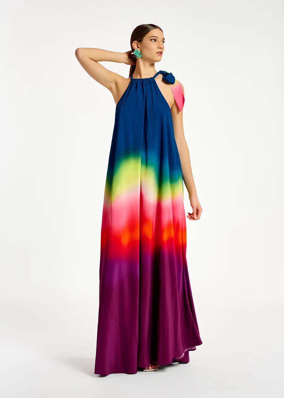 Multicolor halter neck maxi dress with gradient effect