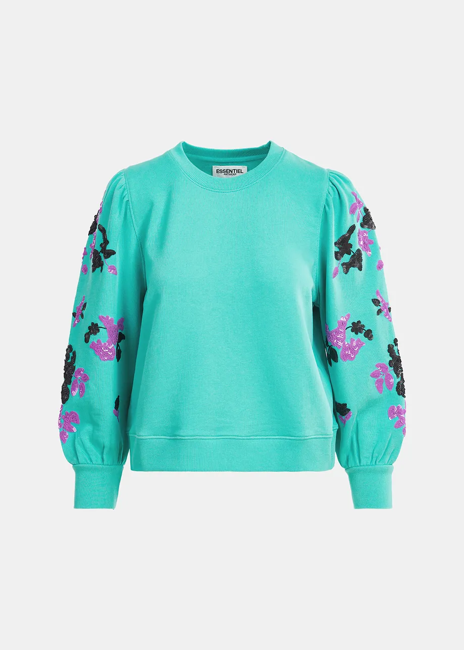 Blue sweatshirt with multicolor sequin embroideries
