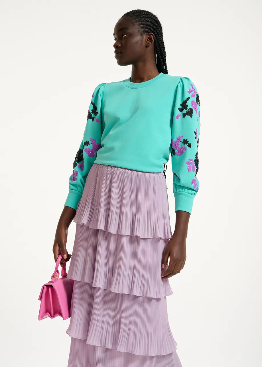 Blue sweatshirt with multicolor sequin embroideries