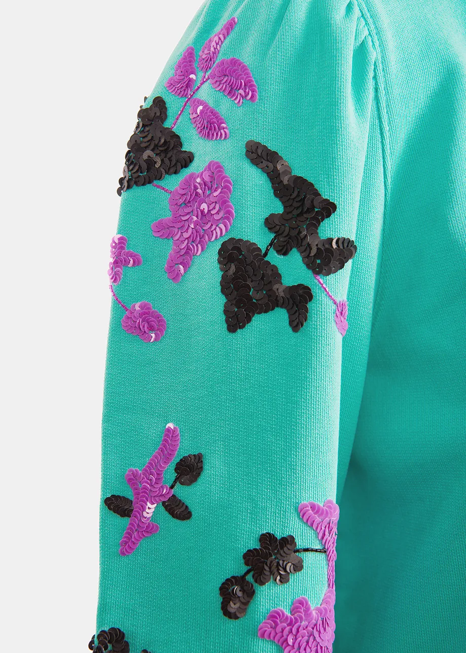 Blue sweatshirt with multicolor sequin embroideries
