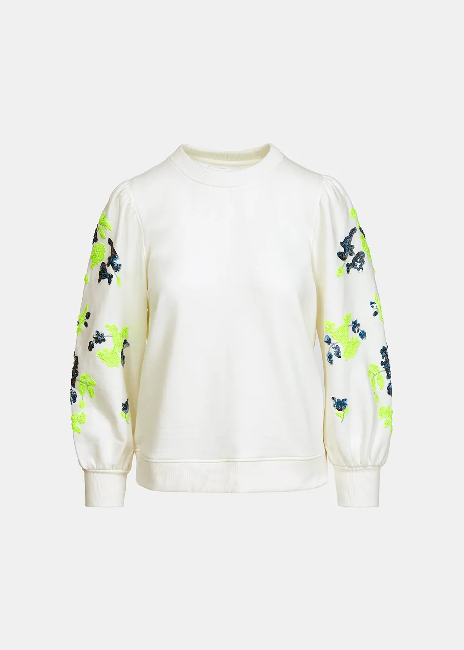 White sweatshirt with multicolor sequin embroideries