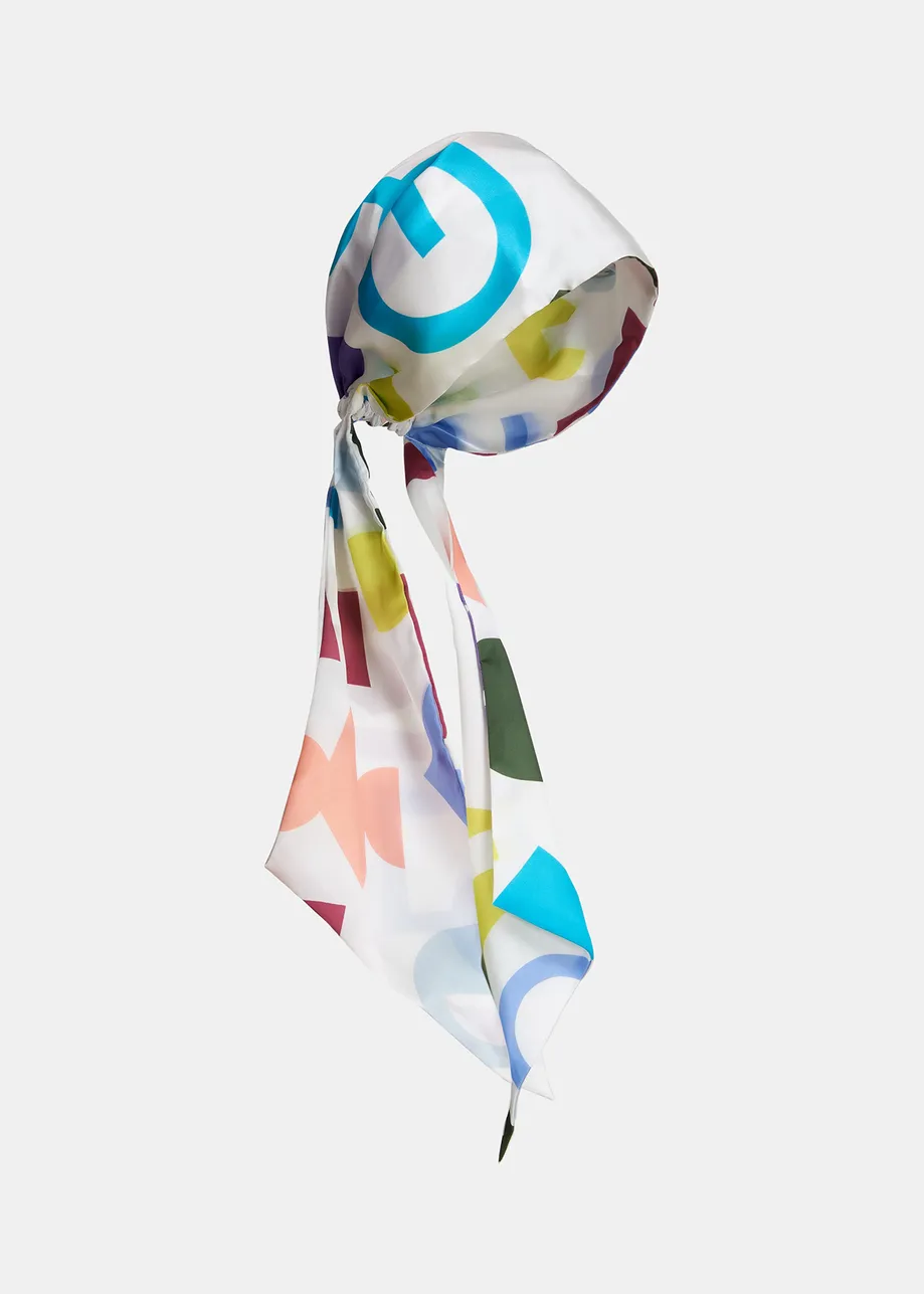 White abstract-printed satin head scarf
