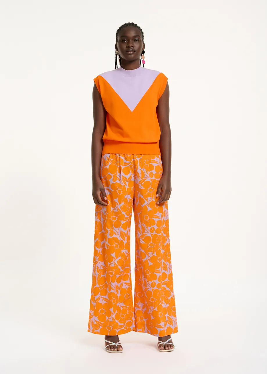 Lilac and orange cotton wide-leg pants with floral print