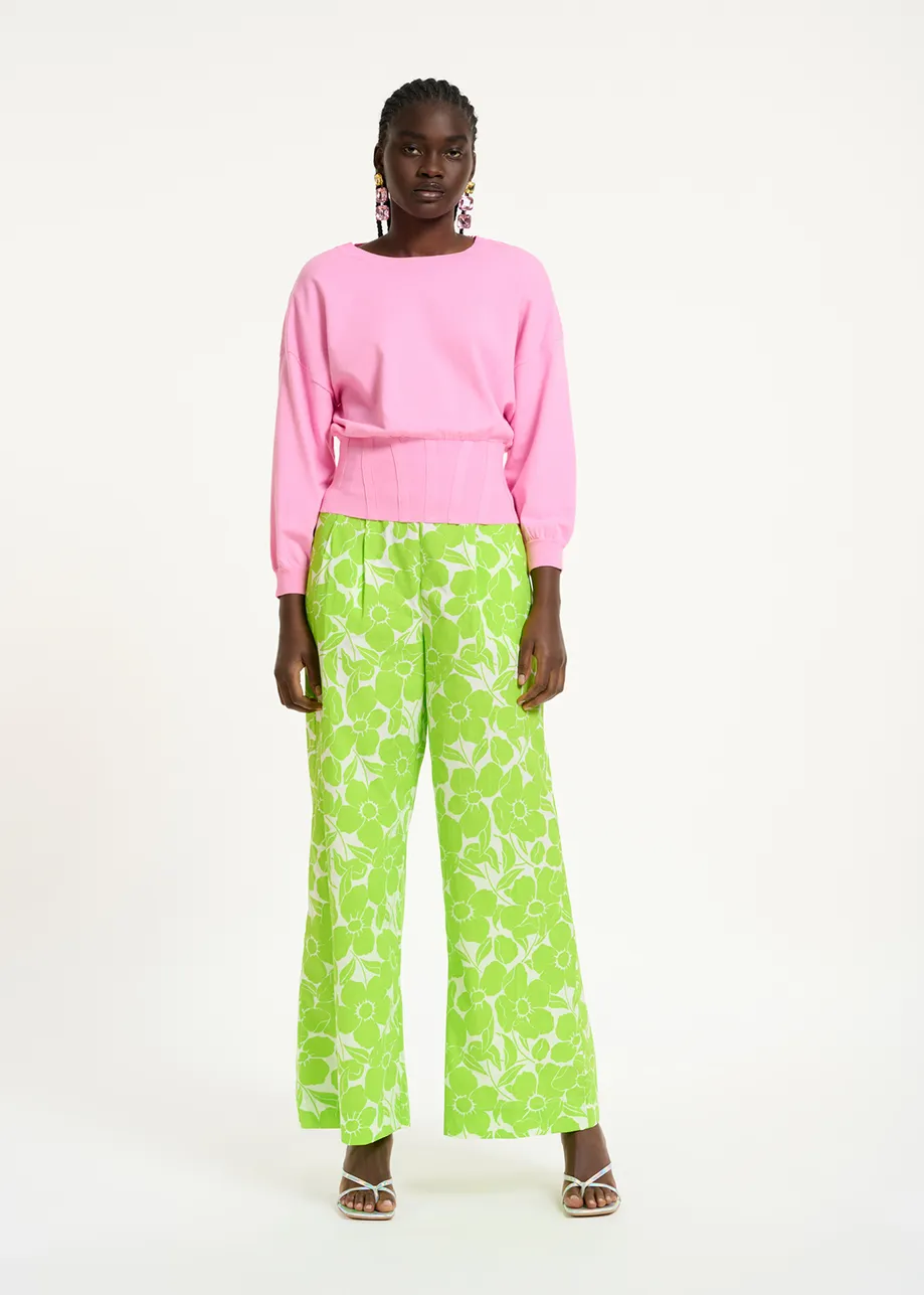 White and lime green cotton wide-leg pants with floral print