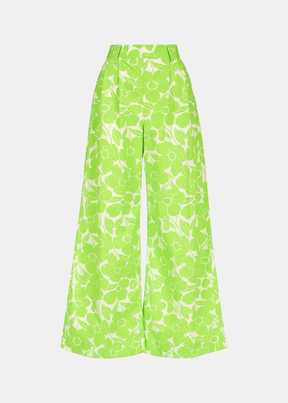 White and lime green cotton wide-leg pants with floral print