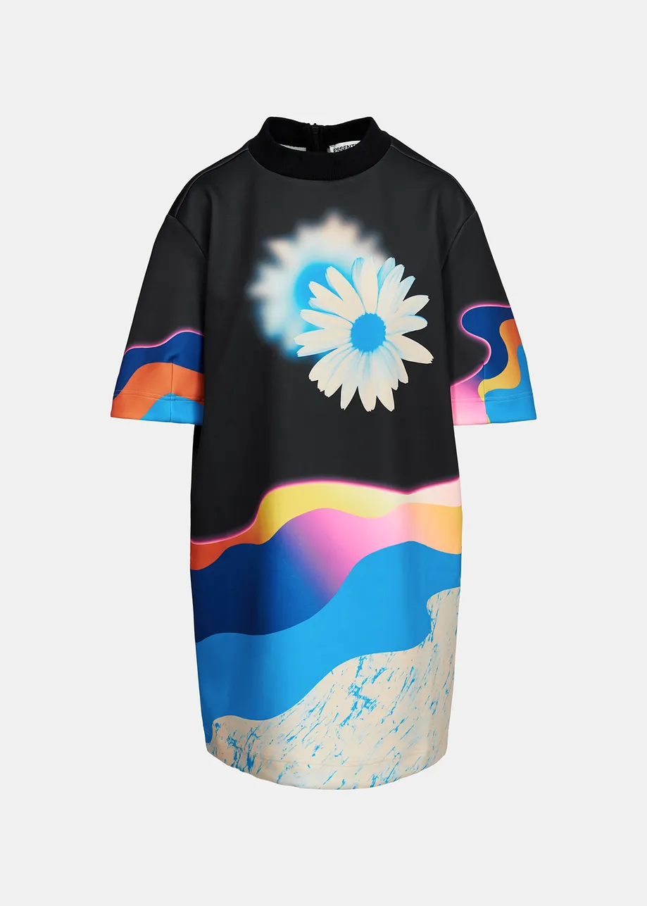 Black knee-length dress with multicolor print