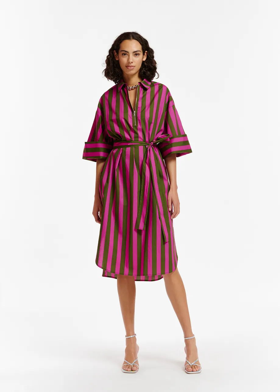 Green and purple striped cotton shirt dress