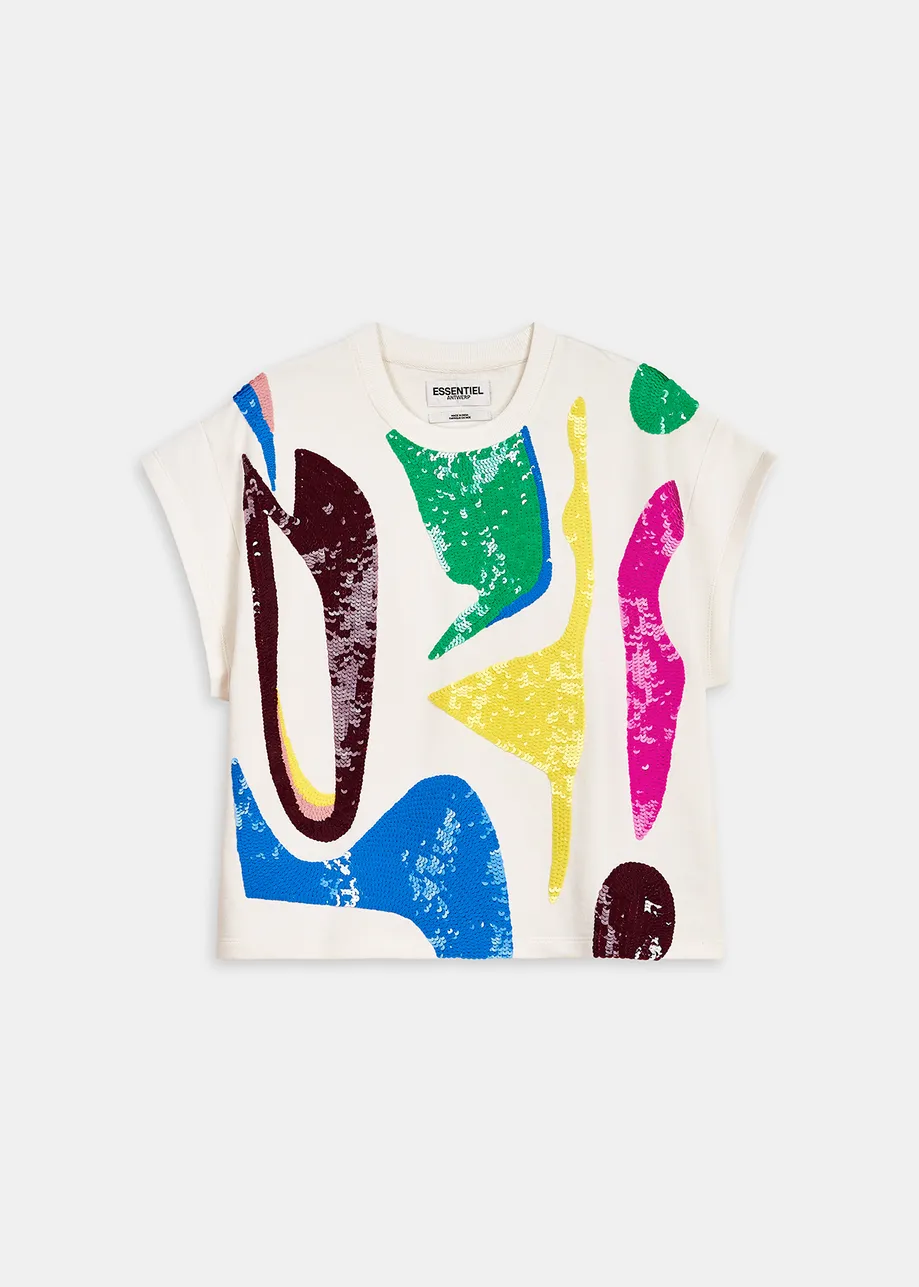 Off-white short-sleeved sweatshirt with multicolor sequin embroideries