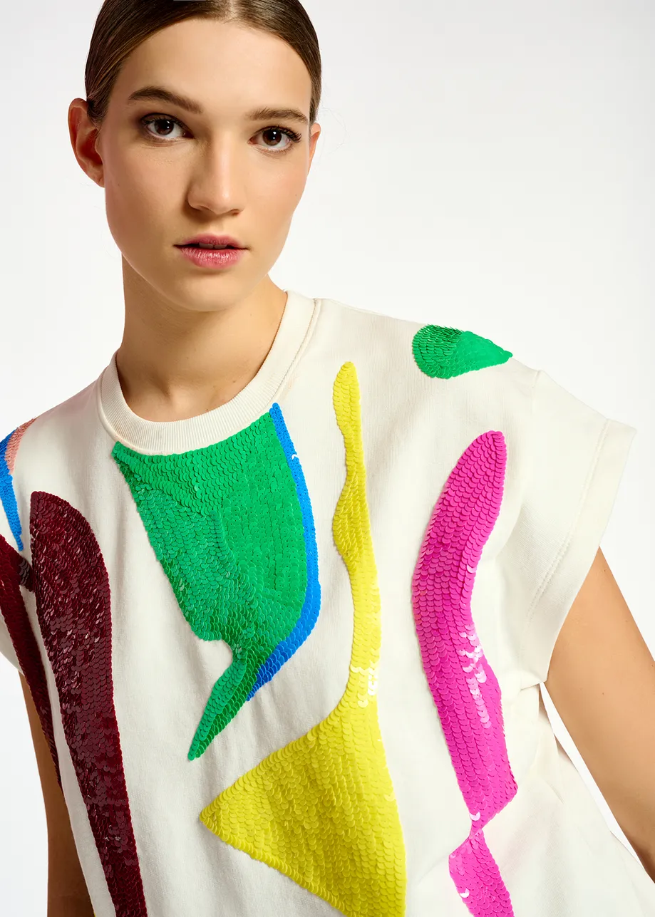 Off-white short-sleeved sweatshirt with multicolor sequin embroideries