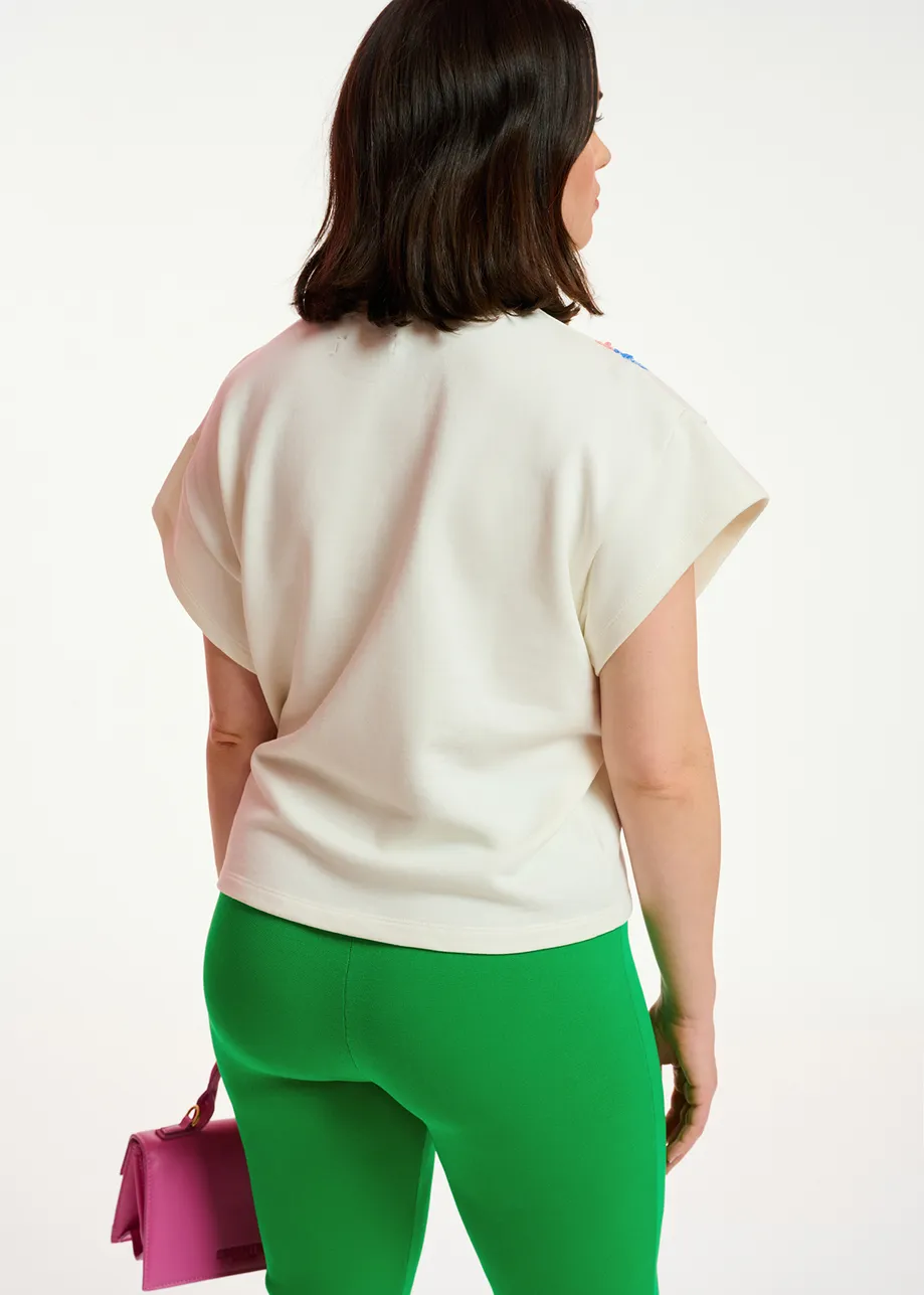 Off-white short-sleeved sweatshirt with multicolor sequin embroideries
