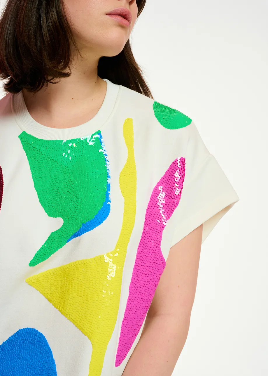 Off-white short-sleeved sweatshirt with multicolor sequin embroideries