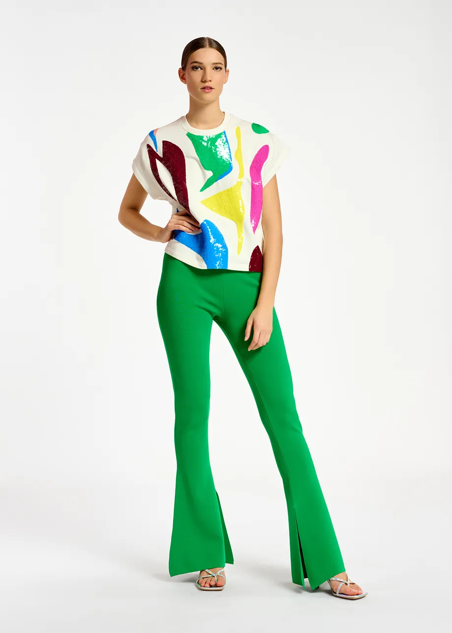 Off-white short-sleeved sweatshirt with multicolor sequin embroideries