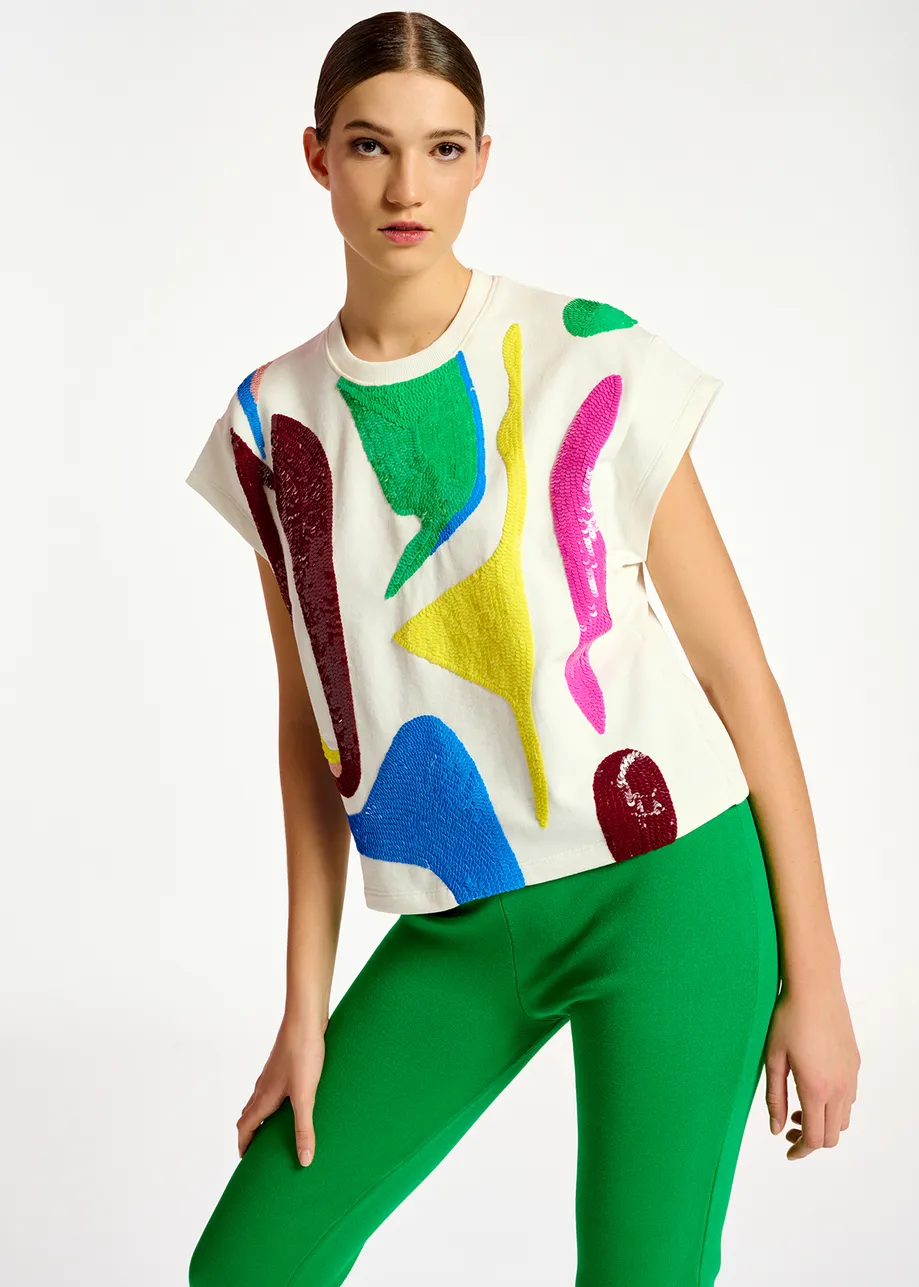 Off-white short-sleeved sweatshirt with multicolor sequin embroideries