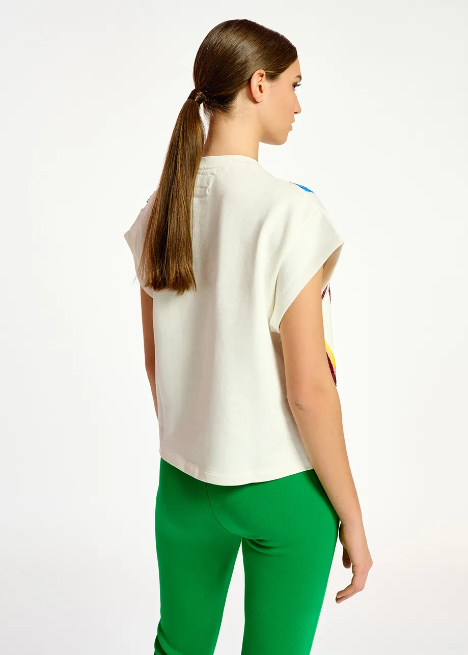 Off-white short-sleeved sweatshirt with multicolor sequin embroideries