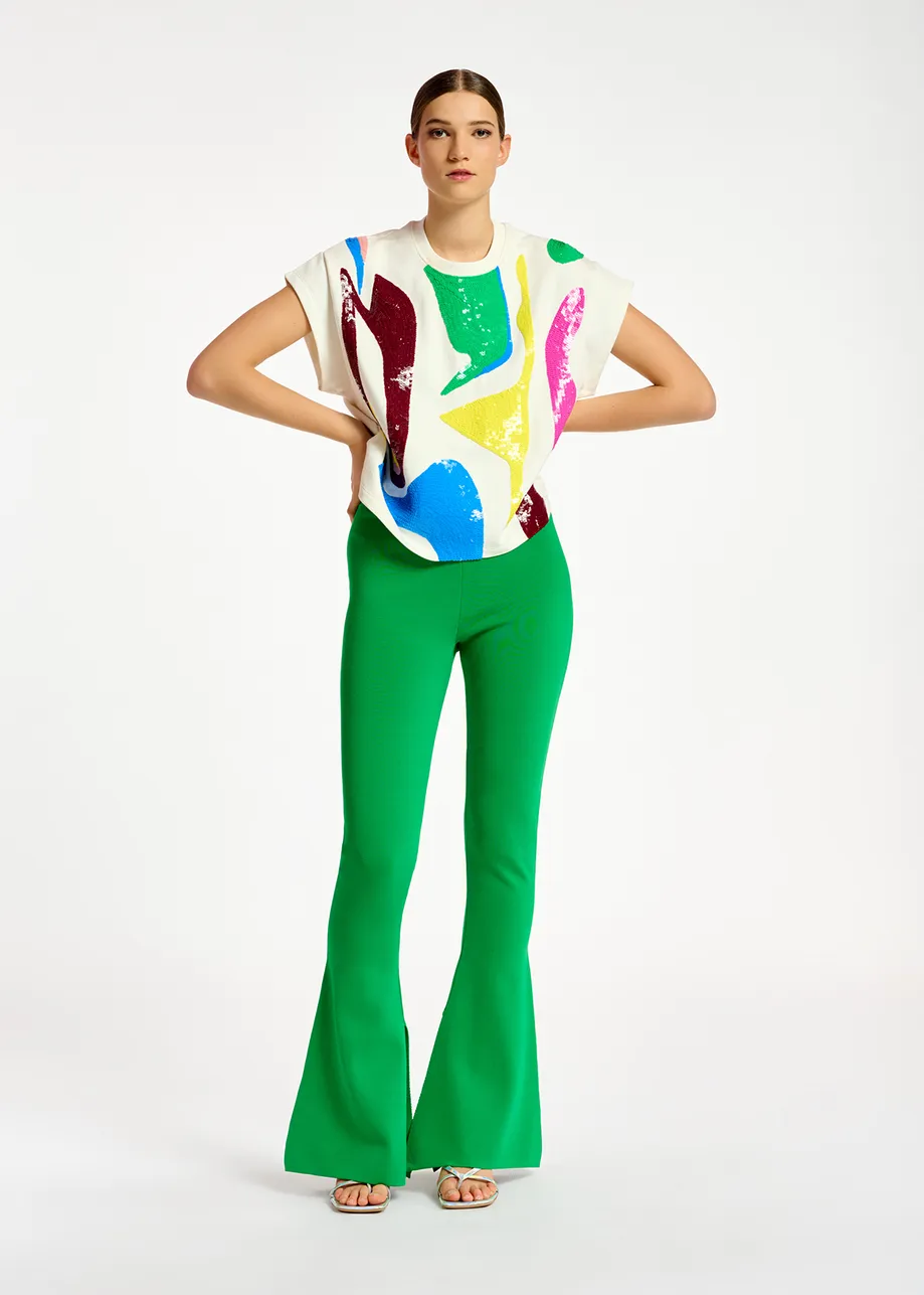 Off-white short-sleeved sweatshirt with multicolor sequin embroideries