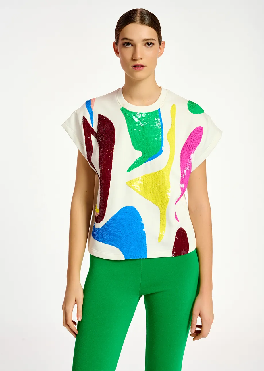 Off-white short-sleeved sweatshirt with multicolor sequin embroideries