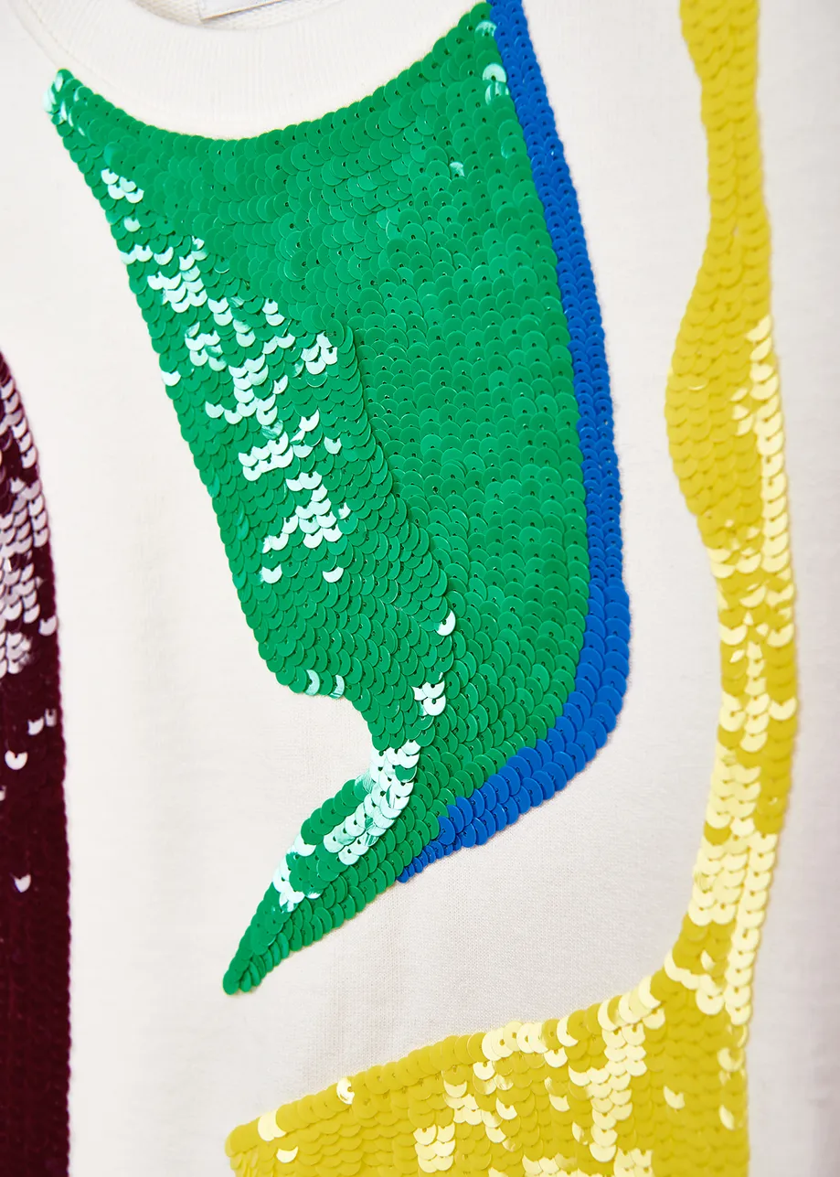 Off-white short-sleeved sweatshirt with multicolor sequin embroideries