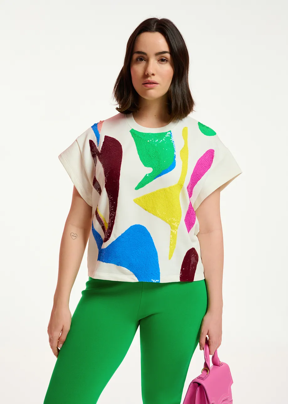 Off-white short-sleeved sweatshirt with multicolor sequin embroideries