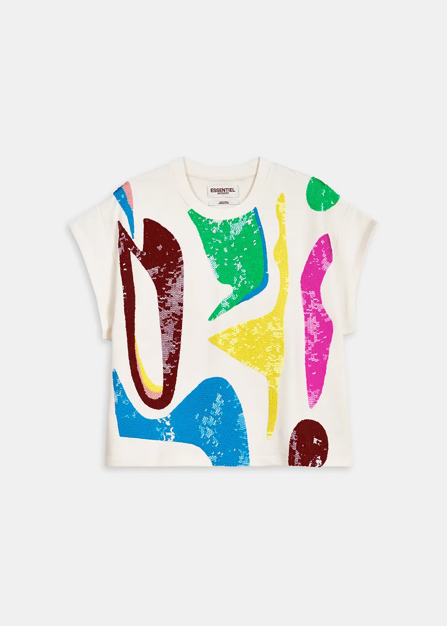 Off-white short-sleeved sweatshirt with multicolor sequin embroideries