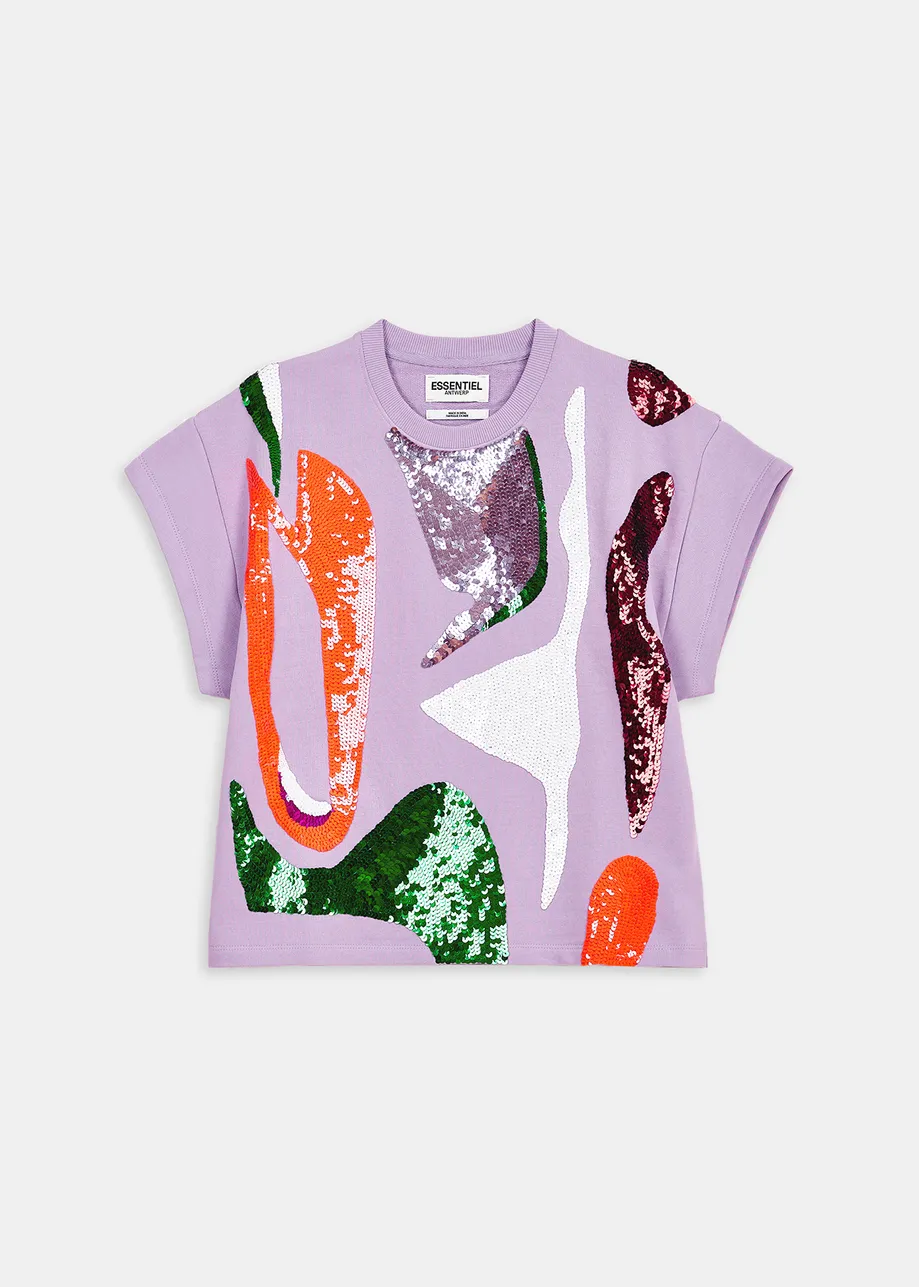 Lilac short-sleeved sweatshirt with multicolor sequin embroideries