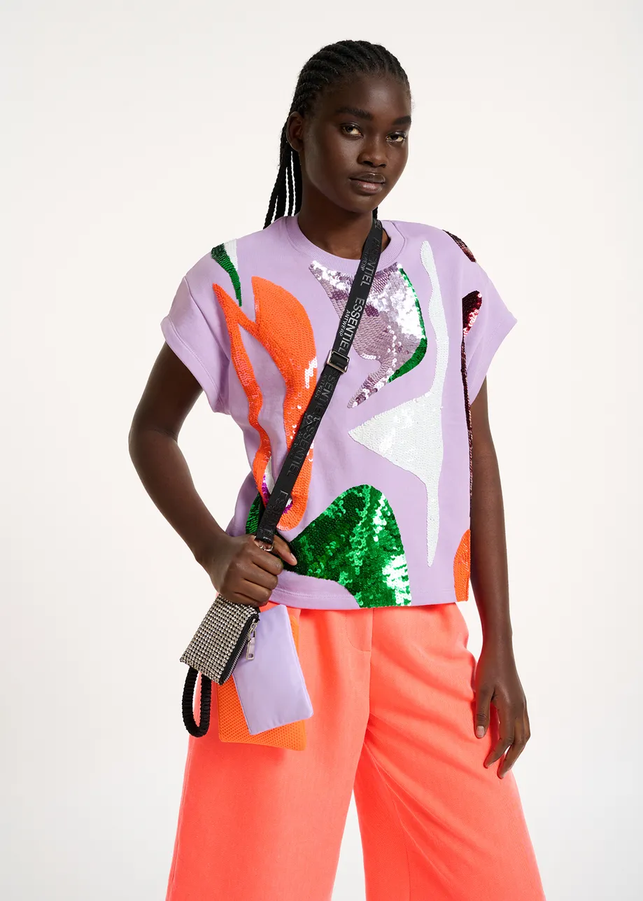Lilac short-sleeved sweatshirt with multicolor sequin embroideries