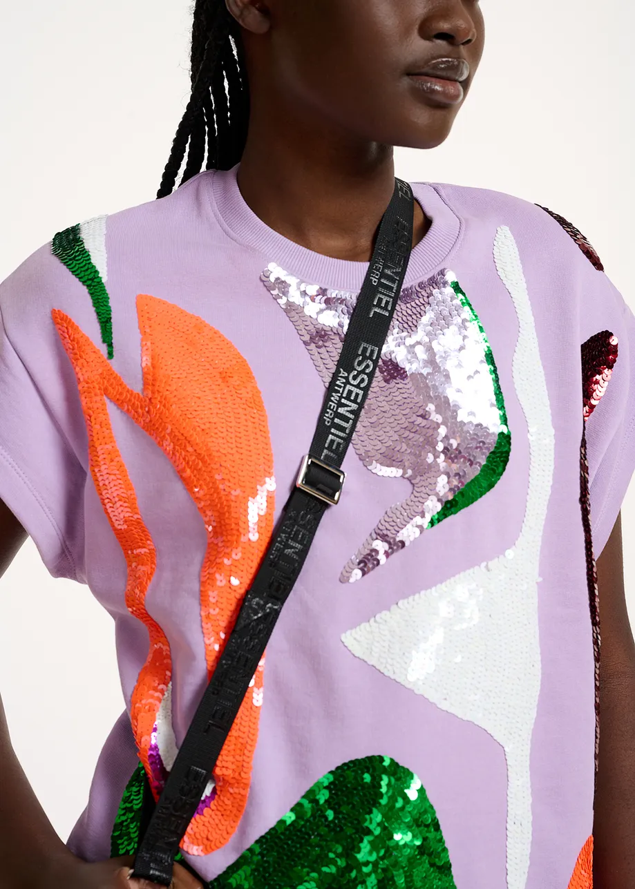 Lilac short-sleeved sweatshirt with multicolor sequin embroideries