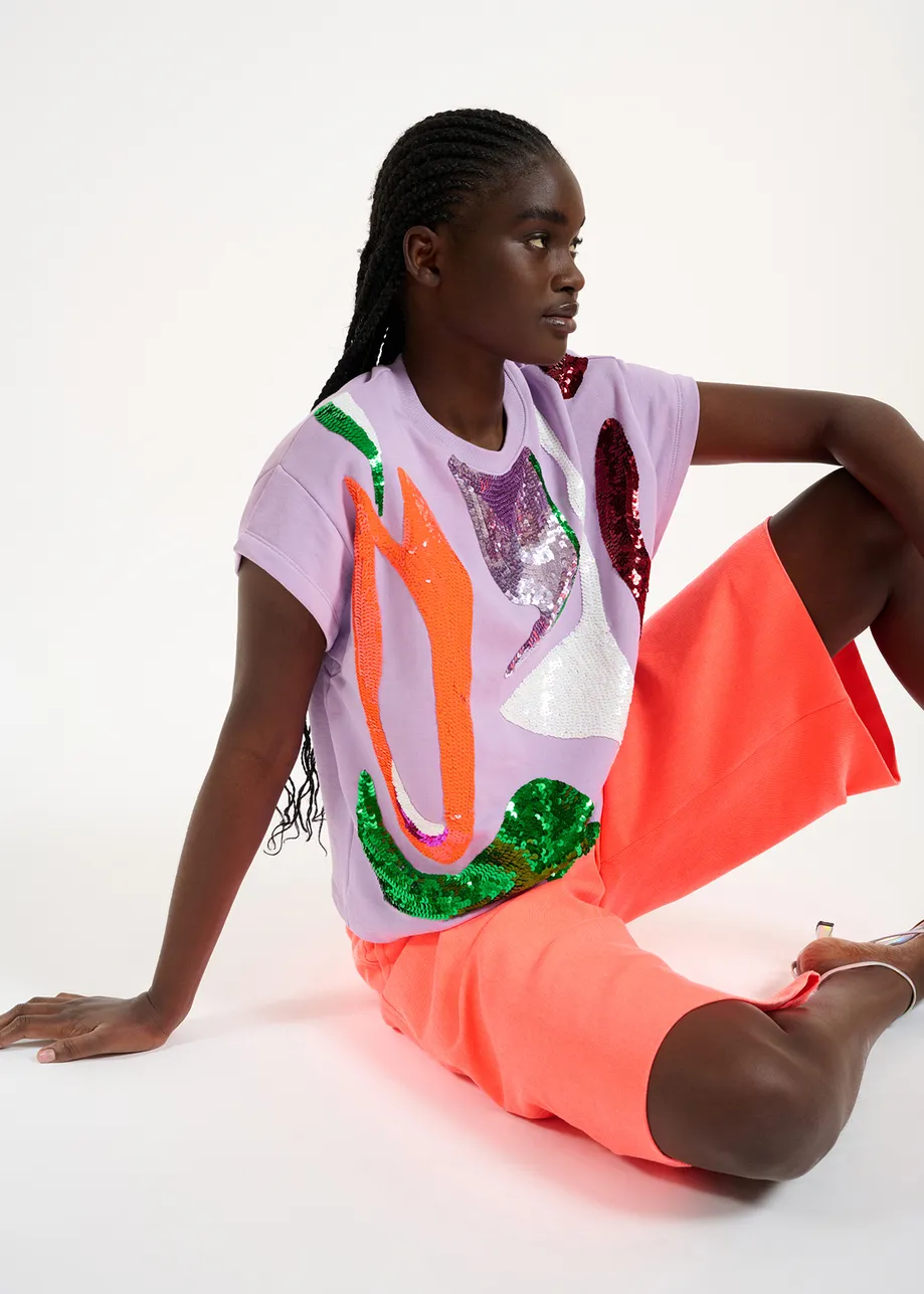 Lilac short-sleeved sweatshirt with multicolor sequin embroideries