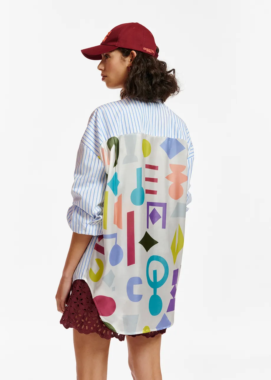 White and blue striped shirt with abstract-print back