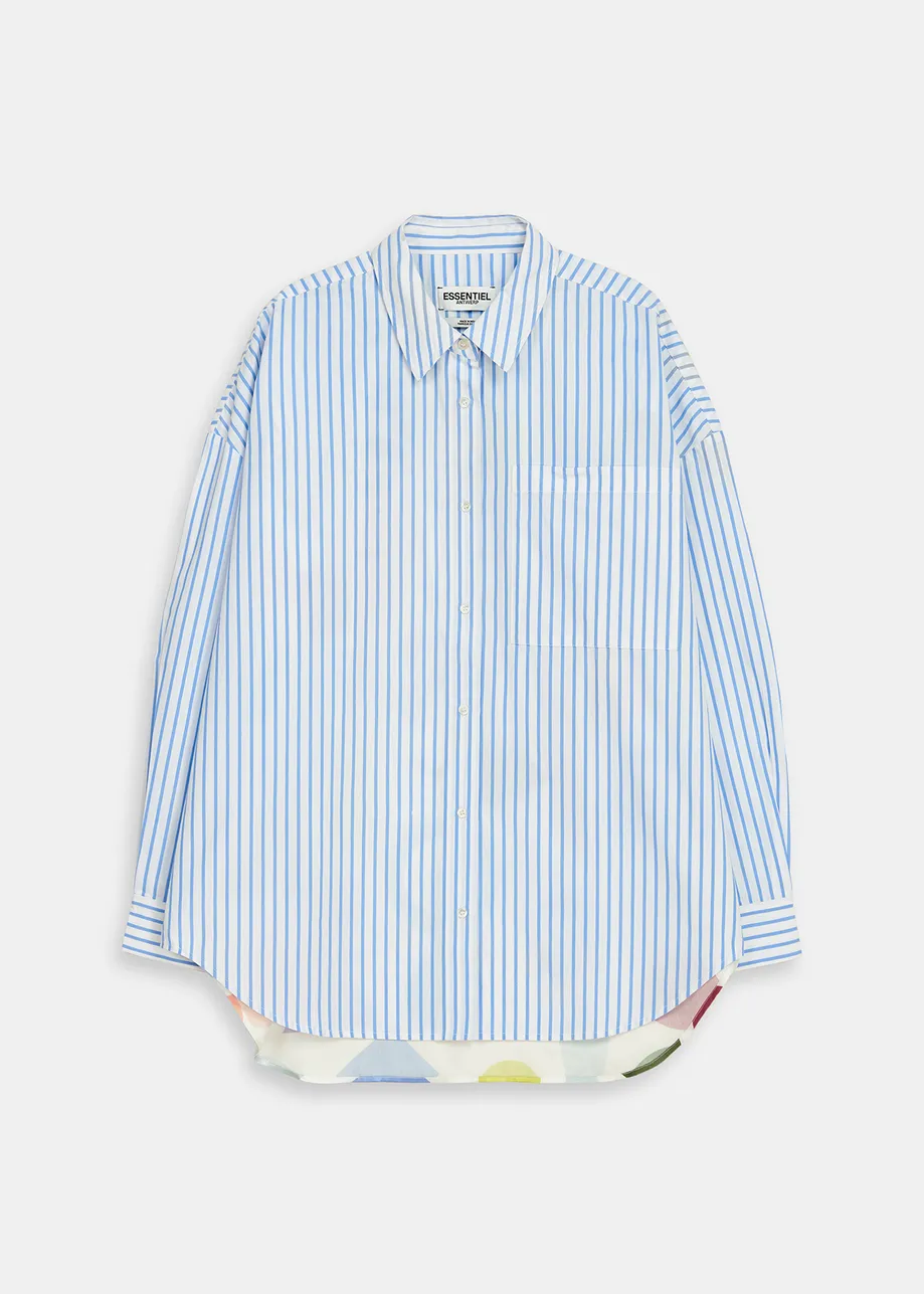 White and blue striped shirt with abstract-print back