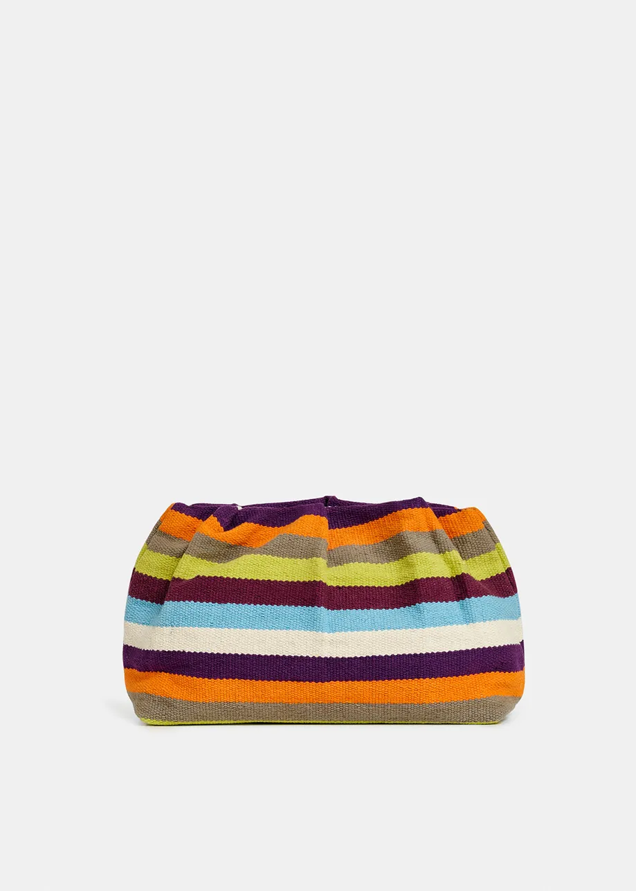 Multicolor striped cotton-raffia pouch