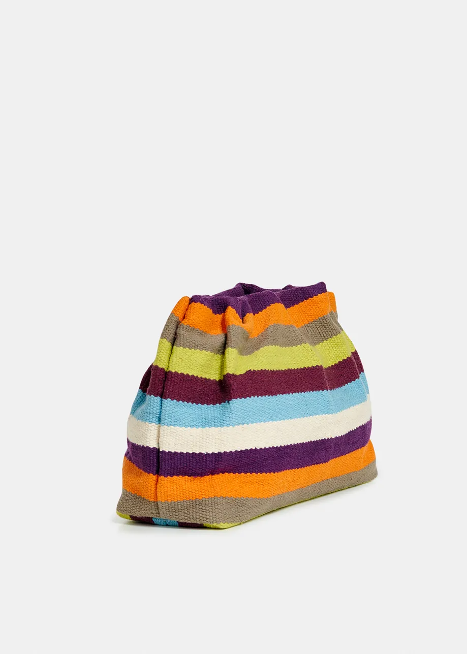 Multicolor striped cotton-raffia pouch