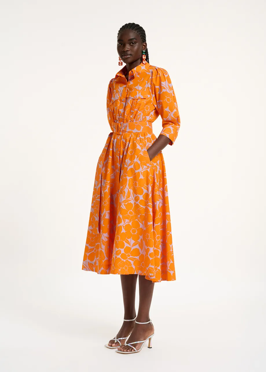 Midi-hemdjurk met oranje en lila bloemenprint