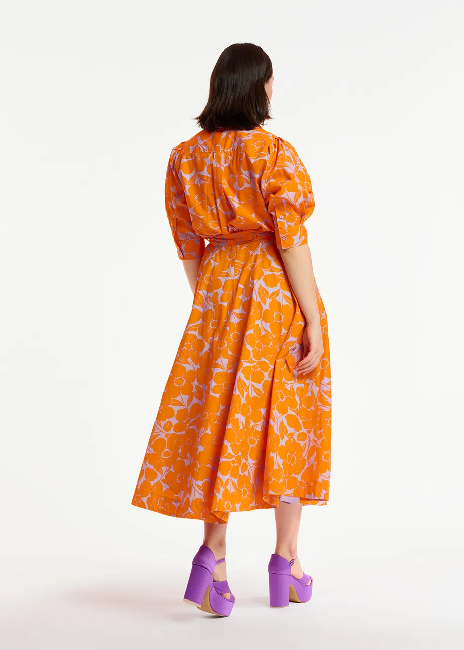 Midi-hemdjurk met oranje en lila bloemenprint
