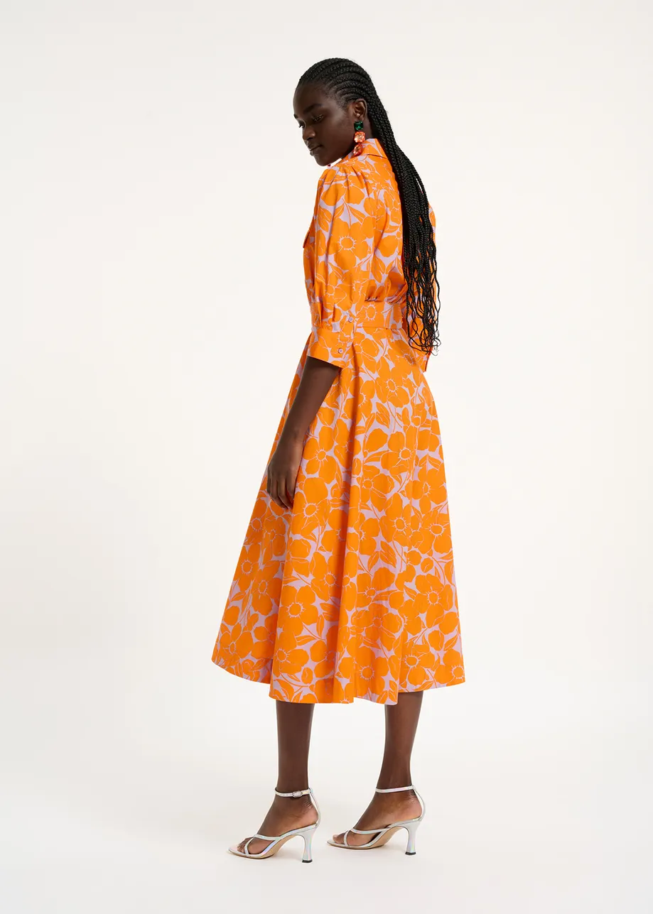 Midi-hemdjurk met oranje en lila bloemenprint