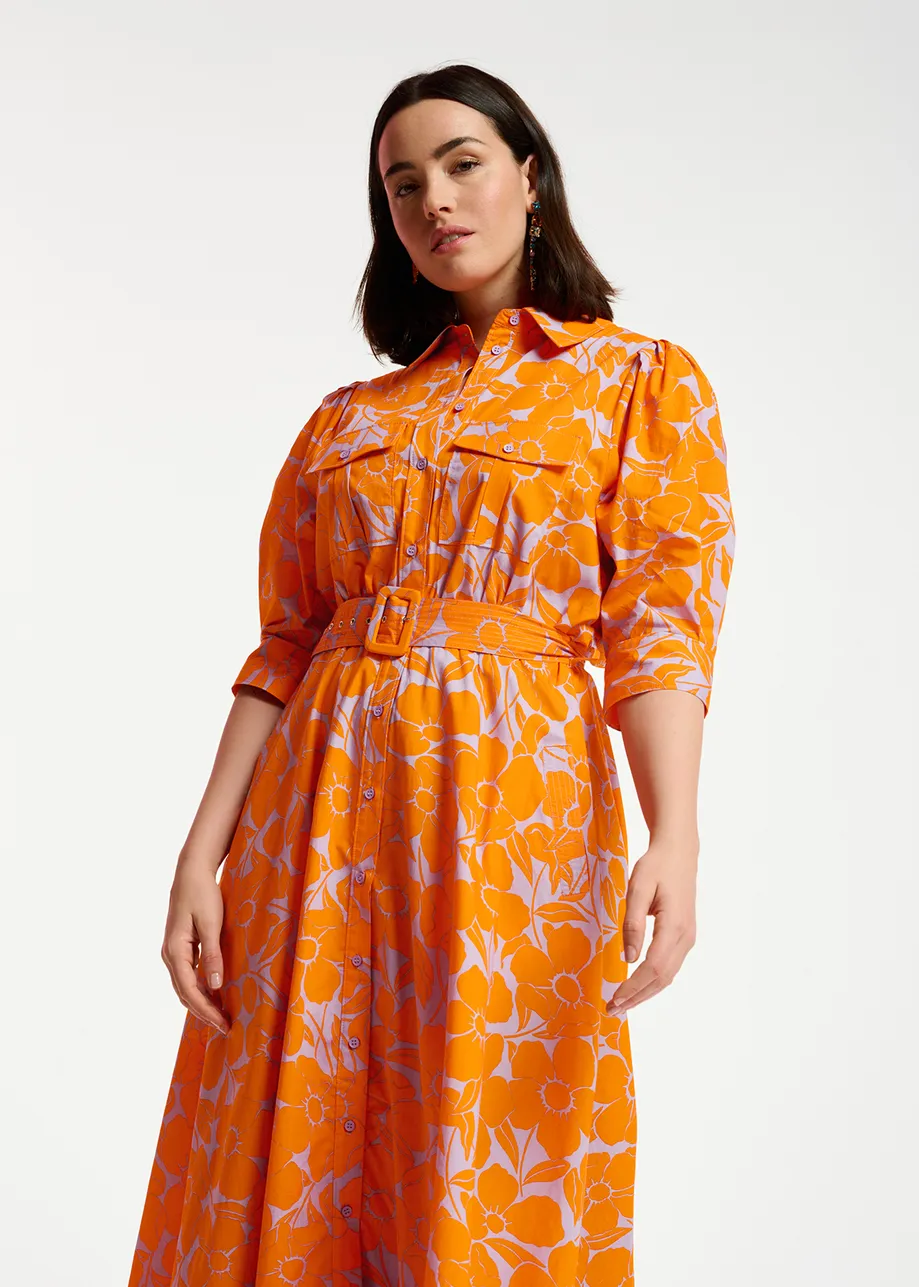 Midi-hemdjurk met oranje en lila bloemenprint
