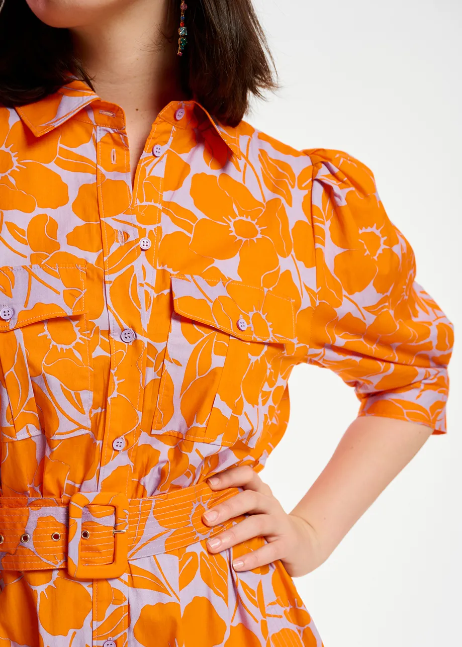 Midi-hemdjurk met oranje en lila bloemenprint